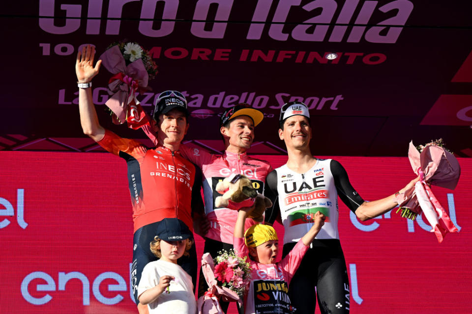 ROME ITALY  MAY 28 LR Geraint Thomas of The United Kingdom and Team INEOS Grenadiers on second place race winner Primo Rogli of Slovenia and Team JumboVisma  Pink Leader Jersey and Joo Almeida of Portugal and UAE Team Emirates on third place pose on the podium ceremony after the 106th Giro dItalia 2023 Stage 21 a 126km stage from Rome to Rome  UCIWT  on May 28 2023 in Rome Italy Photo by Stuart FranklinGetty Images