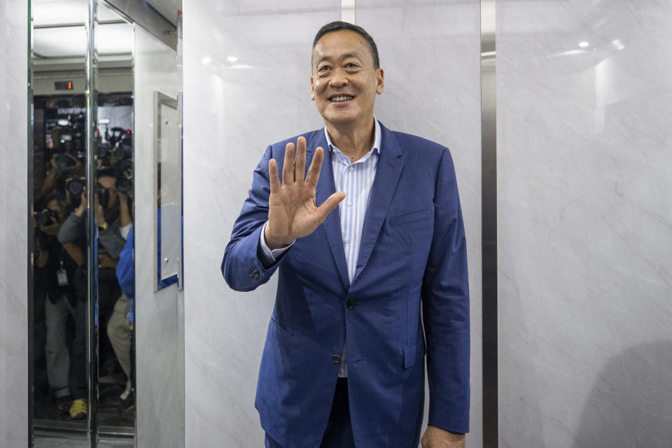 Pheu Thai's prime ministerial candidate, Srettha Thavisin who is the sole candidate nominated for a parliamentary vote, reacts while speaking to media at the party headquarters in Bangkok, Thailand Tuesday, Aug. 22, 2023. (AP Photo/Wason Wanichakorn)