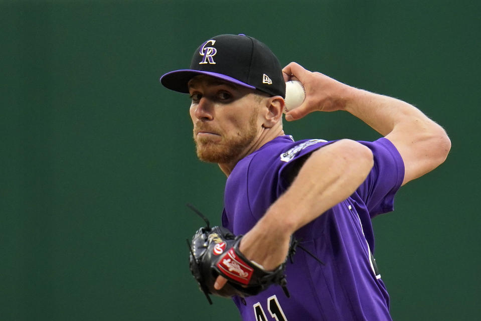 Colorado Rockies starting pitcher Chad Kuhl delivers during the first inning of a baseball game against the Pittsburgh Pirates in Pittsburgh, Monday, May 23, 2022. (AP Photo/Gene J. Puskar)