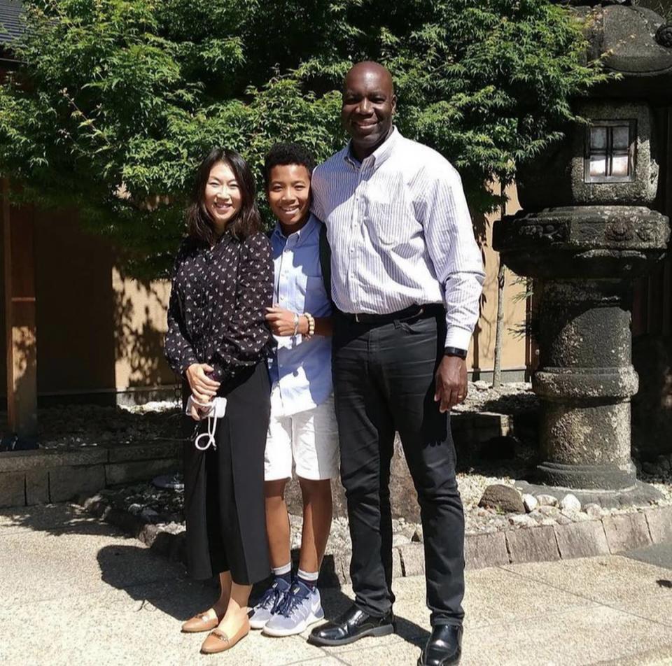 Lexington Christian Academy senior Milo Golding with mom Yanya Yang and dad Deeno Golding.