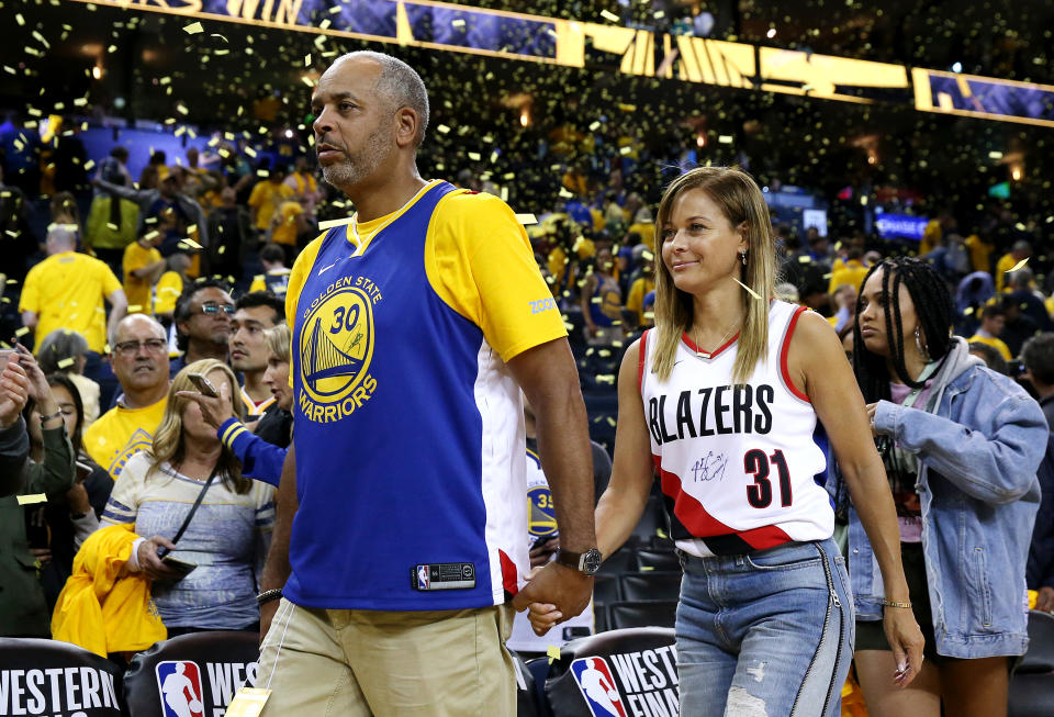 OAKLAND, CALIFORNIA - MAY 14: Dell Curry and Sonya Curry, parents of Stephen Curry #30 of the Golden State Warriors (not pictured) and Seth Curry #31 of the Portland Trail Blazers (not pictured) attend game one of the NBA Western Conference Finals at ORACLE Arena on May 14, 2019 in Oakland, California. NOTE TO USER: User expressly acknowledges and agrees that, by downloading and or using this photograph, User is consenting to the terms and conditions of the Getty Images License Agreement. (Photo by Ezra Shaw/Getty Images)