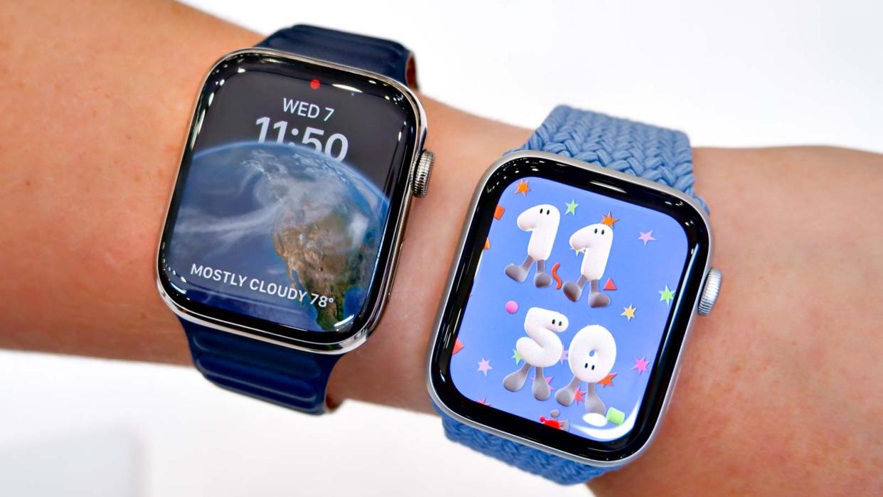  Apple Watch Series 8 vs. Apple Watch SE (2022) shown on wrist 