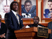 NEW YORK, NY - DECEMBER 10: (EDITORIAL USE ONLY THROUGH DECEMBER 15, 2011, NO ARCHIVE, NO SALES) In this handout provided by the Heisman Trophy Trust. Robert Griffin III of the Baylor Bears speaks on stage after being named the 77th Heisman Memorial Trophy Award winner at the Best Buy Theater on December 10, 2011 in New York City. (Photo by Kelly Kline/Heisman Trophy Trust via Getty Images)