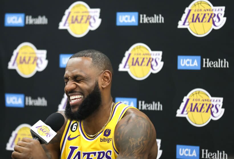 EL SEGUNDO, CA - SEP 26, 2022: LeBron James being interviewed during Lakers Media Day at the UCLA Medical Training Center in El Segundo on Monday, September 26, 2022. (Christina House/Los Angeles Times )