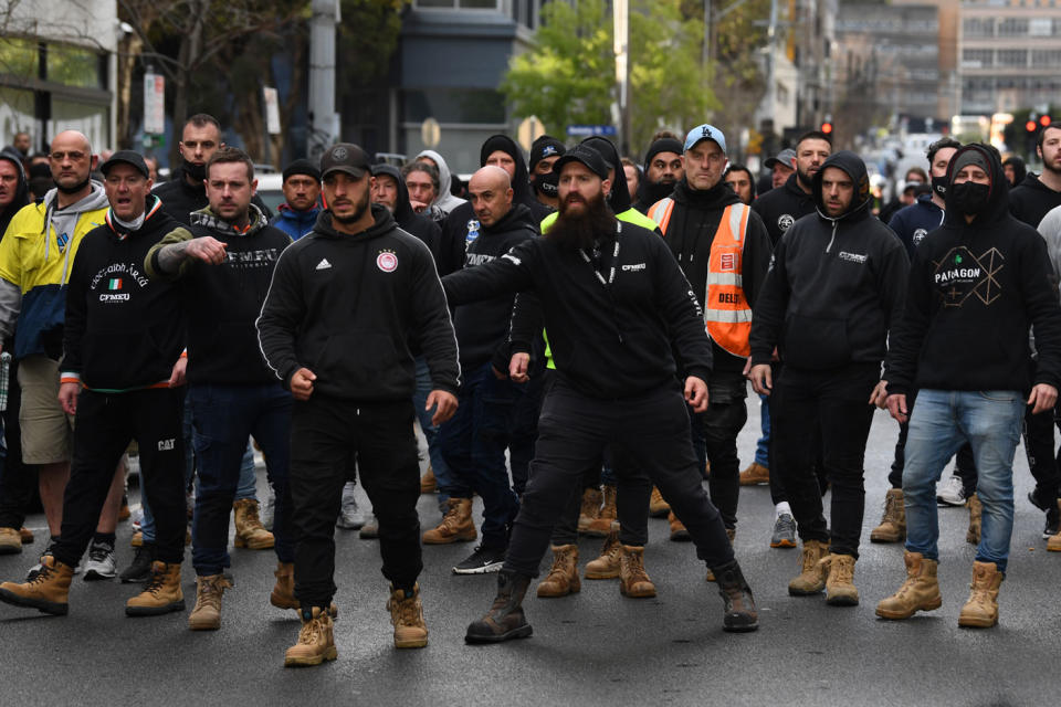 A protest outside the Construction, Forestry, Maritime, Mining and Energy Union (CFMEU) headquarters turned violent on Monday. Source: AAP