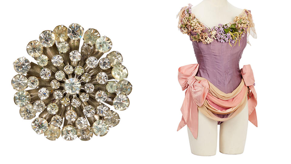 Marilyn Monroe's floret diamond brooch (left) and Life magazine costume (right) offered in the Julien's Auctions sale.