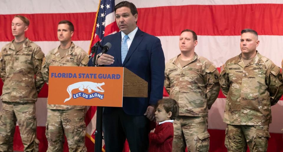 Gov. Ron DeSantis visits the National Guard Armory in Pensacola on Thursday to announce his planned budget increase for the Florida National Guard.