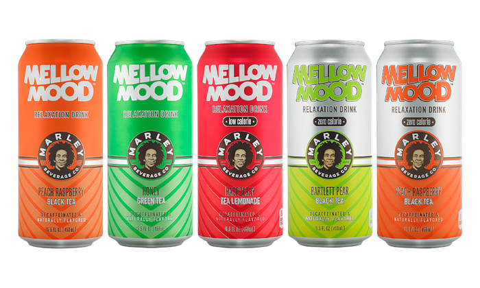 Five cans of the Bob Marley-licensed Mellow Mood beverages marketed by New Age Beverages.