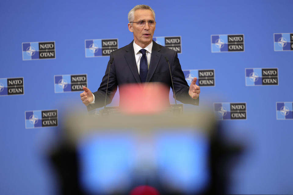 NATO Secretary General Jens Stoltenberg speaks during a press conference at the NATO headquarters, Wednesday, Nov. 16, 2022 in Brussels. Ambassadors from the 30 NATO nations gathered in Brussels Wednesday for emergency talks after Poland said that a Russian-made missile fell on its territory, killing two people, and U.S. President Joe Biden and his allies promised support for the investigation into the incident. (AP Photo/Olivier Matthys)