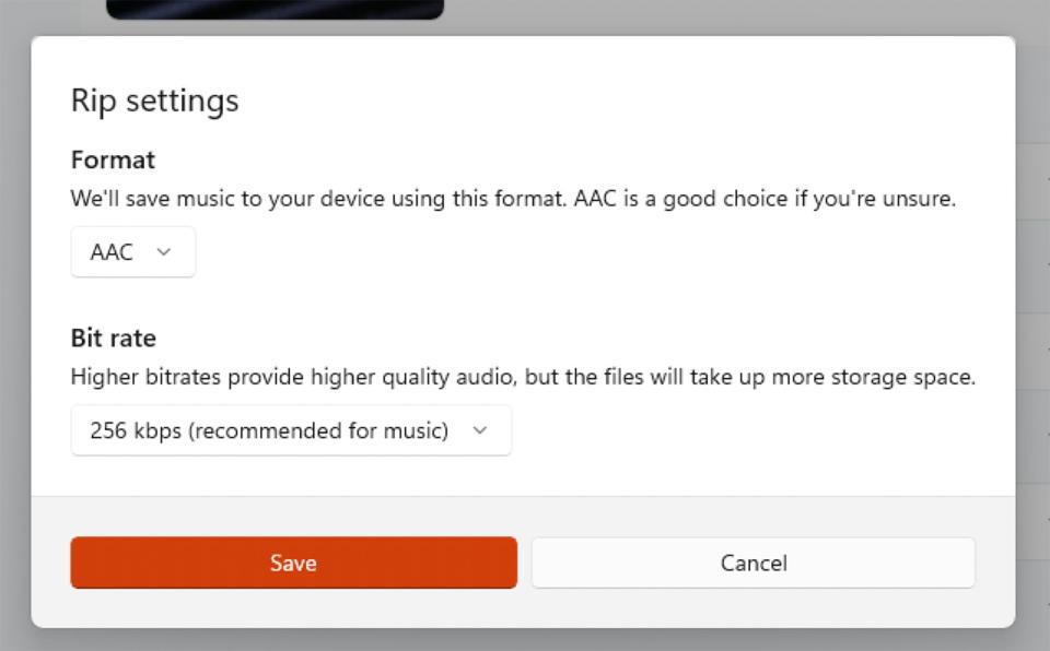 Windows Media Player format options for ripping music.