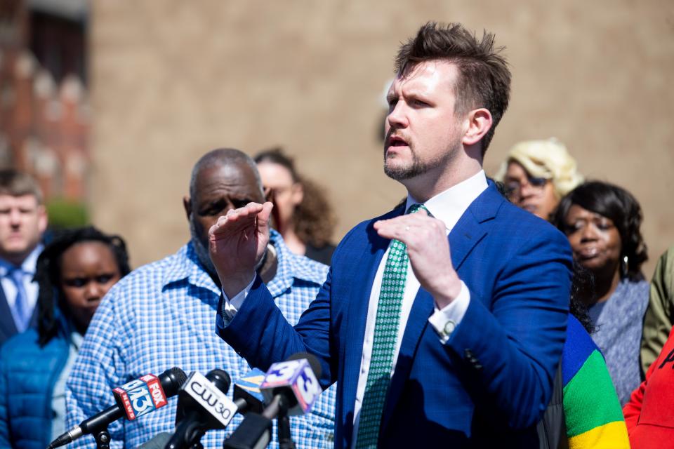 Attorney Jake Brown, a co-counsel with Ben Crump and Brice Timmons for the Freeman family, speaks about Gershun Freeman’s death while in custody at Shelby County Jail during a press conference outside of the Shelby County Criminal Justice Center in Memphis, Tenn., on March 17, 2023. 