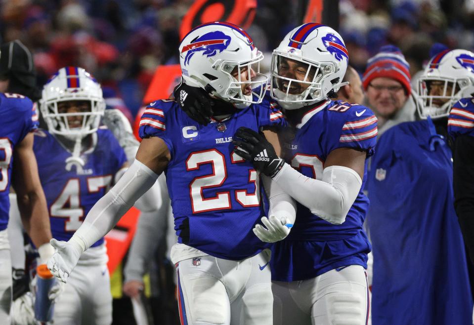 Bills Tyrel Dodson (right) consoles Micah Hyde who was tripped up by <a class="link " href="https://sports.yahoo.com/nfl/players/32411" data-i13n="sec:content-canvas;subsec:anchor_text;elm:context_link" data-ylk="slk:Dodson;sec:content-canvas;subsec:anchor_text;elm:context_link;itc:0">Dodson</a> on a punt return.