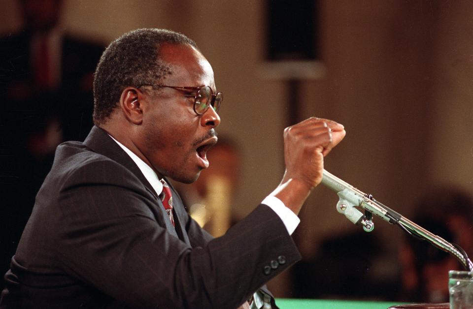 Supreme Court nominee Judge Clarence Thomas testifies before the Senate Judiciary Committee on Capitol Hill in this Oct. 12, 1991 file photo.