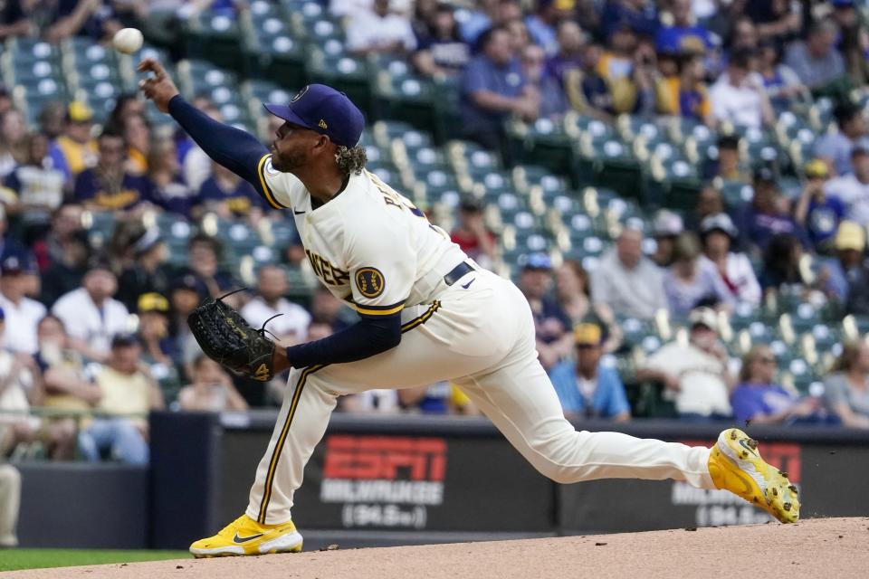 Milwaukee Brewers starting pitcher Freddy Peralta throws during the first inning of a baseball game against the Atlanta Braves Monday, May 16, 2022, in Milwaukee. (AP Photo/Morry Gash)