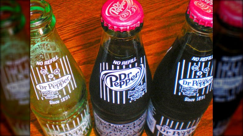 Old-style Dr Pepper in glass bottles