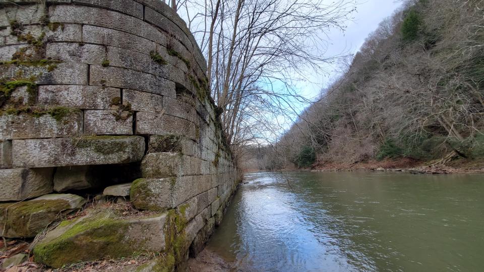 Looking downstream from the bank of Little Beaver Creek, Gretchen’s Lock, which served as a temporary grave for Gretchen Hans, the project engineer’s daughter, and gave rise to one of the region’s ghost stories.