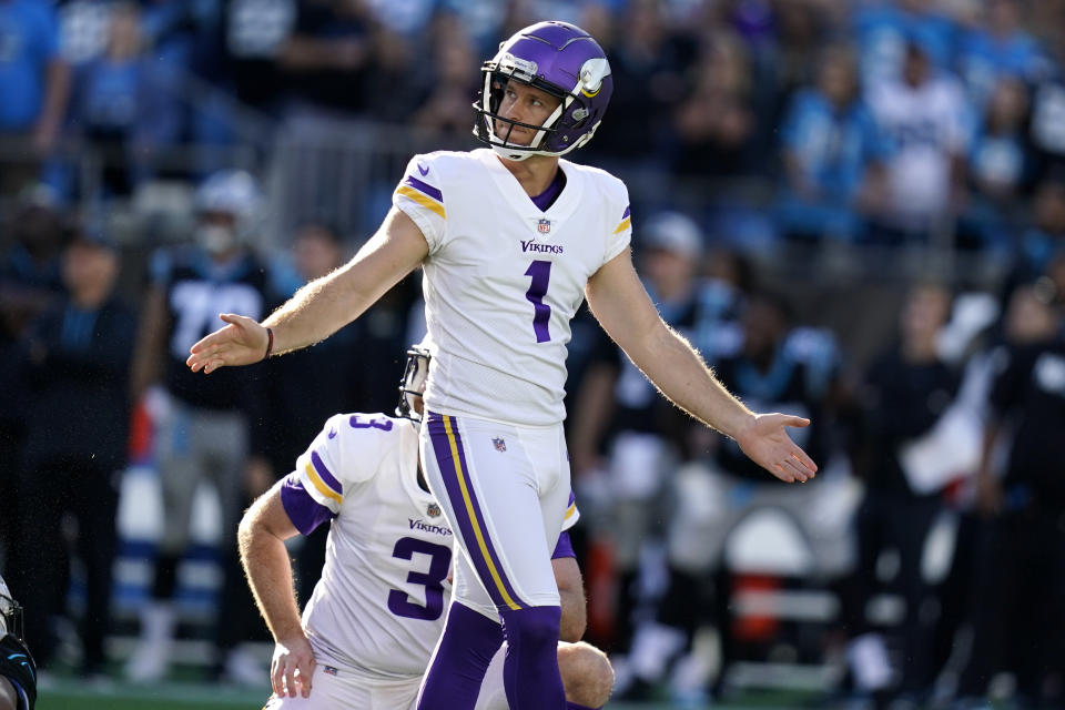 Minnesota Vikings kicker Greg Joseph (1) reacts to missing a game-winning field goal against the Carolina Panthers during the second half of an NFL football game, Sunday, Oct. 17, 2021, in Charlotte, N.C. The Minnesota Vikings won 34-28 in overtime. (AP Photo/Gerald Herbert)