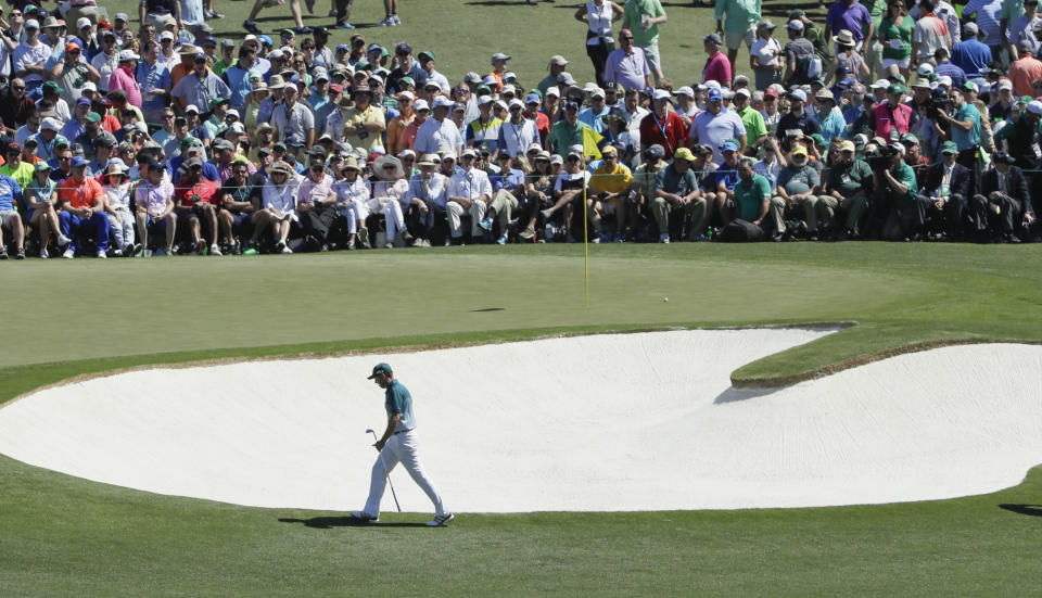 Sergio Garcia, of Spain, walks to his ball on the second hole during the final round of the Masters golf tournament Sunday, April 9, 2017, in Augusta, Ga. (AP Photo/David J. Phillip)