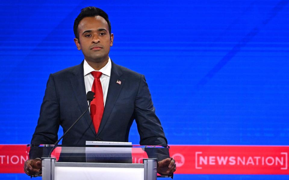 Vivek Ramaswamy is seen on stage during the fourth Republican presidential primary debate