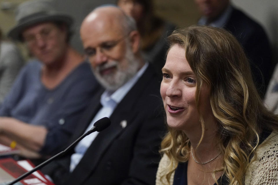 Shani Segal speaks during a news conference inside the state capitol, Monday, Oct. 30, 2023, in Atlanta. Family members of people kidnapped by Hamas spoke to reporters, bookended by remarks from Georgia lawmakers supportive of Israel and the Israeli consul general. (AP Photo/Mike Stewart)