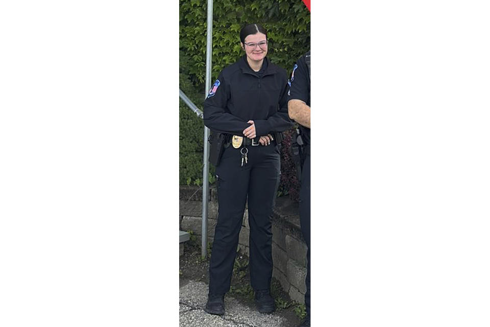 This photo provided by Vermont State Police shows Rutland City Police Officer Jessica Ebbighausen. Ebbighausen, 19, was killed and two other officers were injured Friday, July 7, 2023 when a burglary suspect crashed into two police cruisers pursuing him, Vermont State Police said. The two other officers and the suspect were taken to the hospital with injuries. (Vermont State Police via AP)