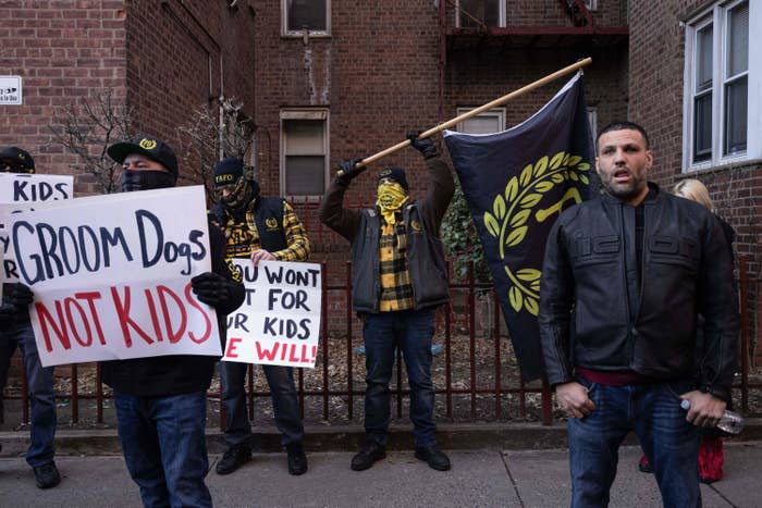 Members of far-right group Proud Boys gather to protest against drag story hour outside the Queens Public Library on Dec. 29, 2022, in New York.