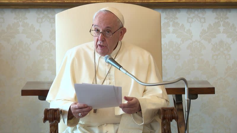 FILE PHOTO: Pope Francis speaks during a meeting at the Vatican
