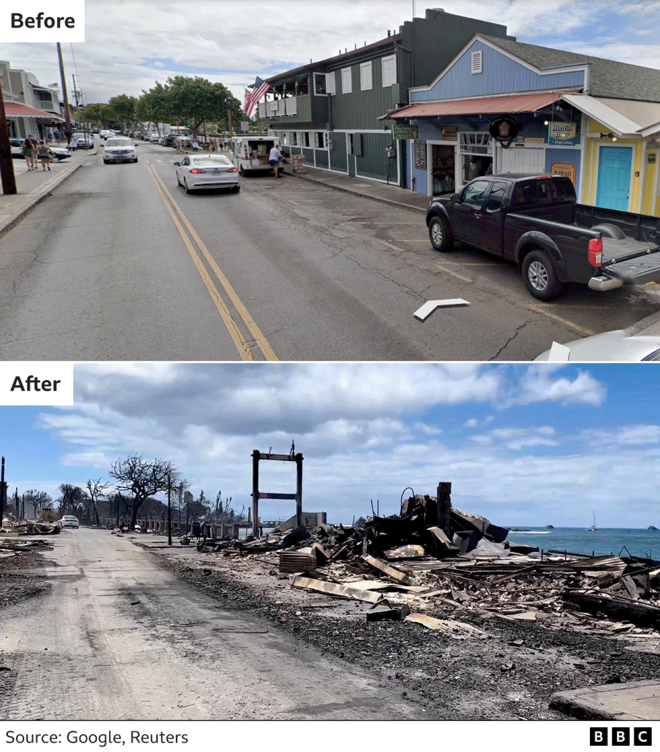 Before and after images showing damage to a section of Front Street