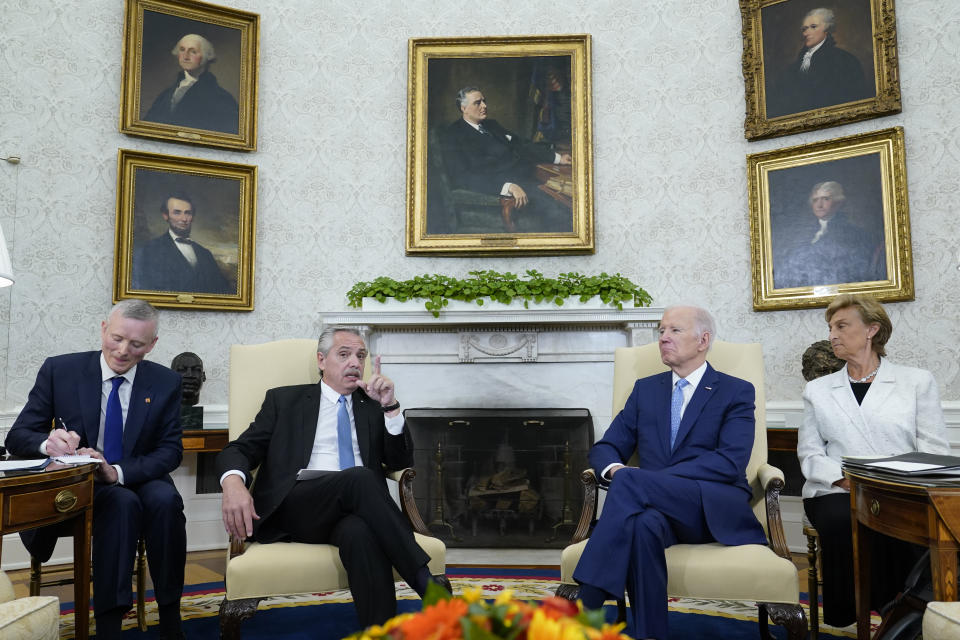 President Joe Biden meets with Argentina's President Alberto Fernandez in the Oval Office of the White House in Washington, Wednesday, March 29, 2023. (AP Photo/Susan Walsh)