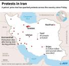 Map locating protests in major cities across Iran since Friday following a rise in petrol prices