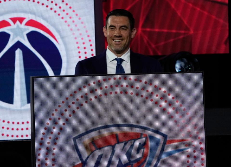 Former OKC player Nick Collison waits to hear results during the 2022 NBA Draft Lottery on Tuesday in Chicago.