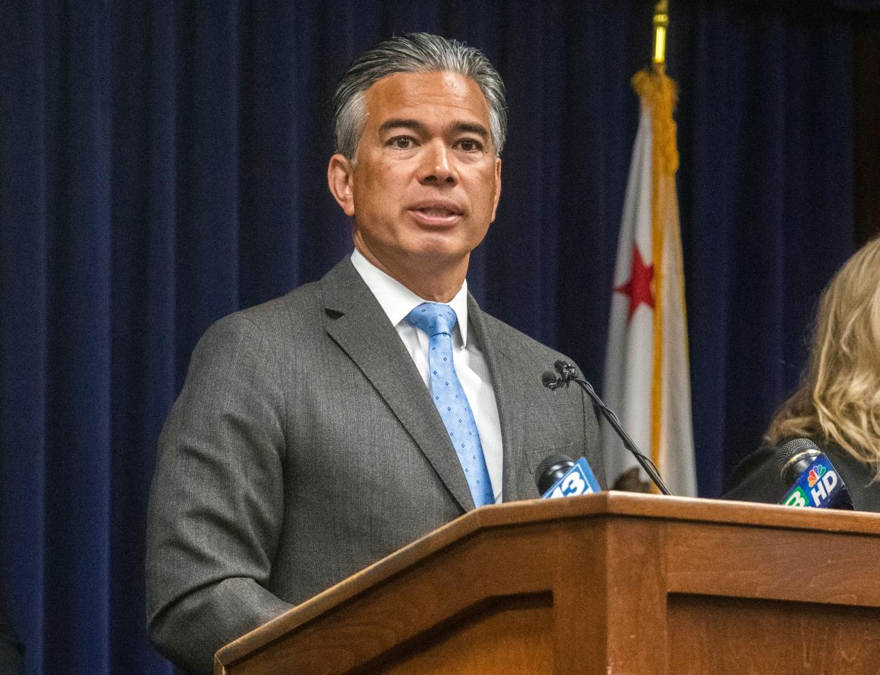 California State Attorney General Rob Bonta  speaks at a press conference at the Stockton Police Department in downtown Stockton concerning the results of Operation Hybrid Havoc which targeted guns and gangs in the Stockton area. 