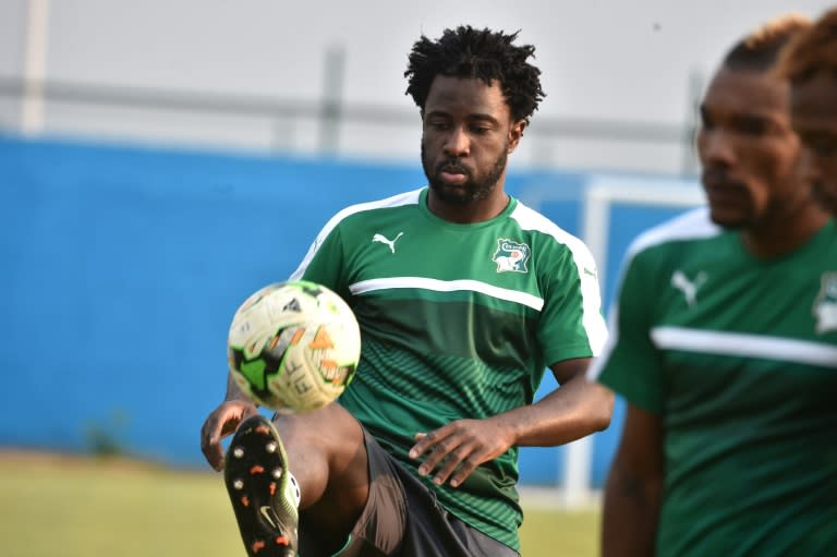Ivory Coast's Wilfried Bony takes part in a training session on January 17 in Oyem, Gabon, during the 2017 Africa Cup of Nations tournament