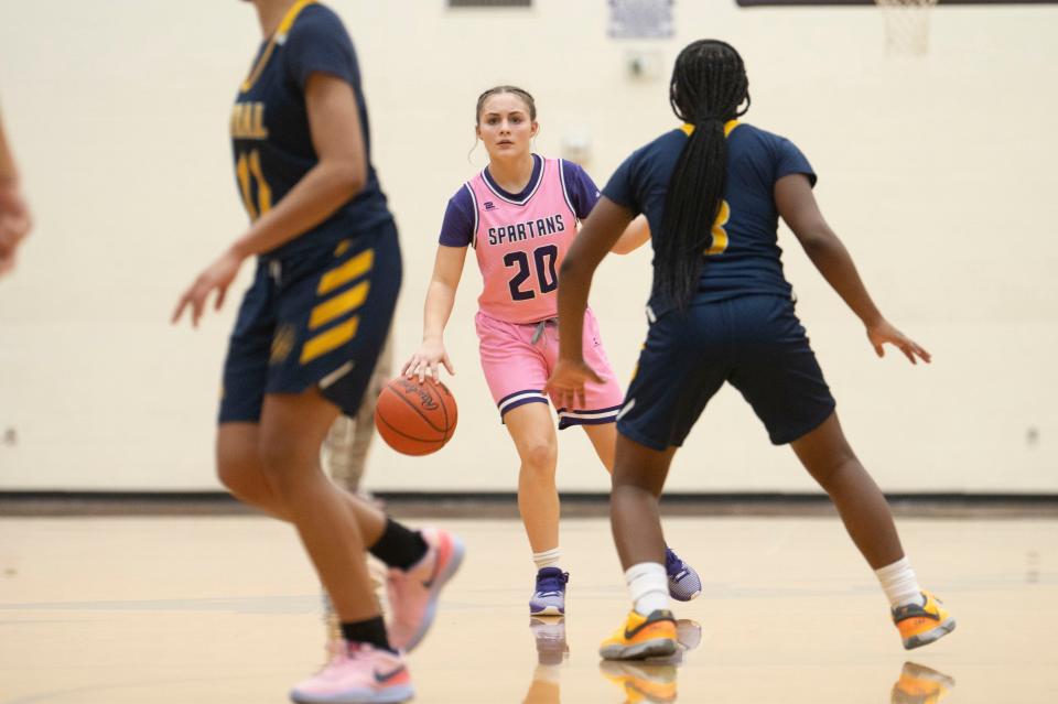 Lakeview sophomore Lilamae Frank dribblesduring a game against Battle Creek Central at Lakeview High School on Friday, Feb. 23, 2024.