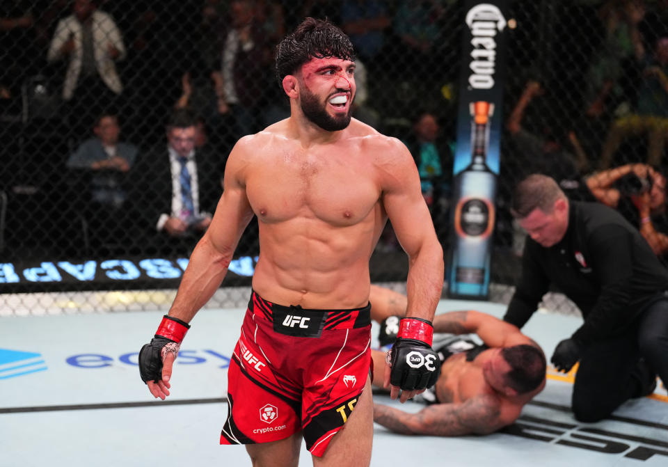 LAS VEGAS, NEVADA - JUNE 17: Arman Tsarukyan of Georgia reacts after his victory over Joaquim Silva of Brazil in a lightweight fight during the UFC Fight Night event at UFC APEX on June 17, 2023 in Las Vegas, Nevada. (Photo by Chris Unger/Zuffa LLC via Getty Images)