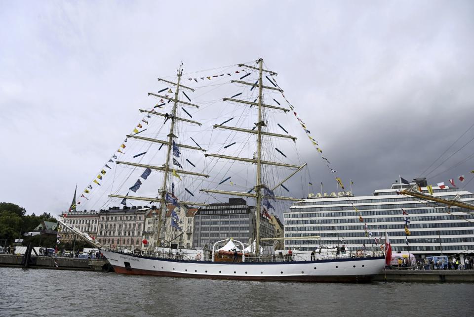 Polish ship Fryderyk Chopin during the opening day of the Tall Ships Races event in Helsinki, Finland, Thursday July 4, 2024. Dozens of impressive classic sailing vessels from 13 different countries currently plying the Baltic Sea arrived at the Finnish capital on Thursday at the end of the first leg of the Tall Ships Races that kicked off from the Lithuanian port city of Klaipeda late June. (Aada Pet'j'/Lehtikuva via AP)