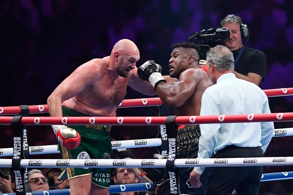 Tyson Fury (left) struggled badly against Francis Ngannou (Yazeed Aldhawaihi/AP) (AP)