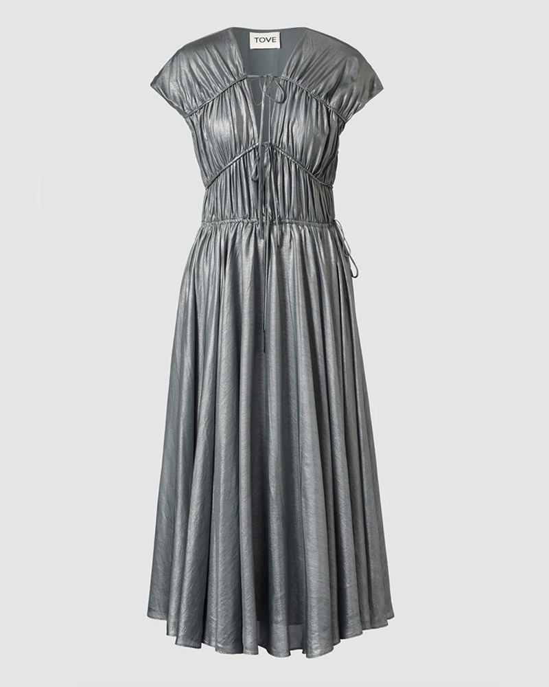 Ceres Metallic Silk Midi Dress Silver