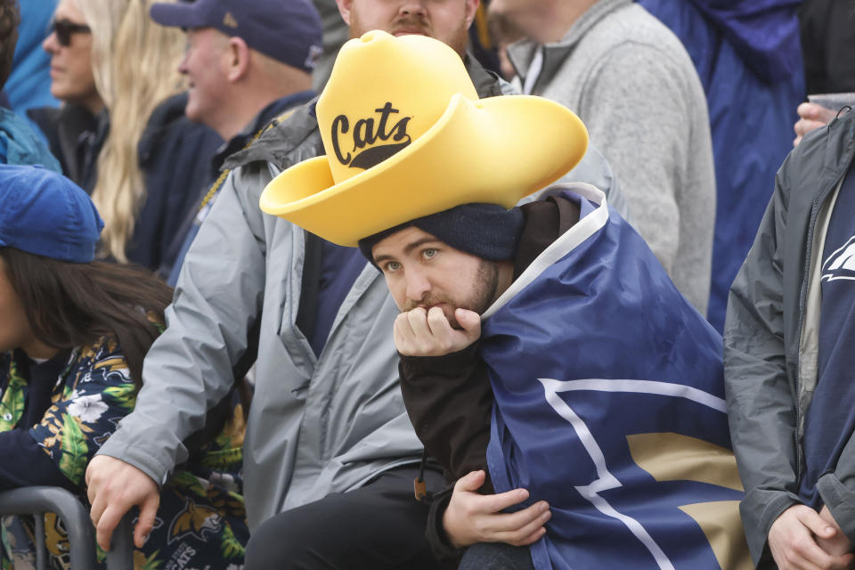 A Montana State fan watches during the FCS Championship NCAA college football game against North Dakota State, Saturday, Jan. 8, 2022, in Frisco, Texas. (AP Photo/Michael Ainsworth)