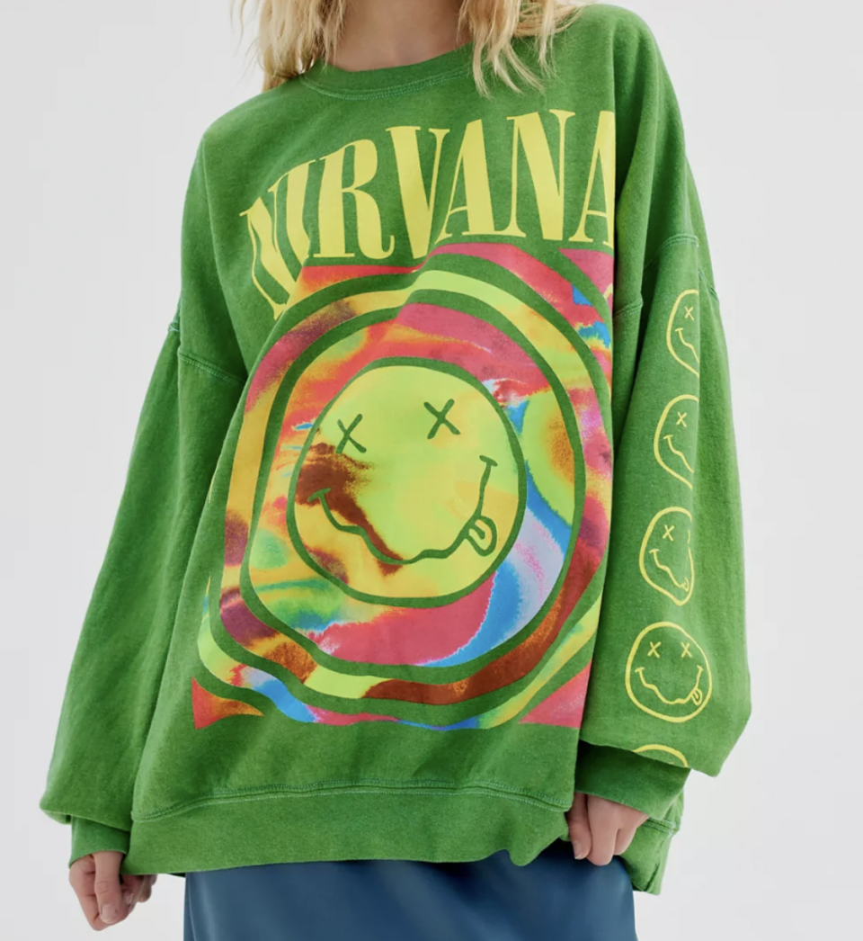 <p><a href="https://go.redirectingat.com?id=74968X1596630&url=https%3A%2F%2Fwww.urbanoutfitters.com%2Fshop%2Fnirvana-smile-overdyed-oversized-sweatshirt&sref=https%3A%2F%2Fwww.seventeen.com%2Ffashion%2Fstyle-advice%2Fg2536%2F25-adorable-outfit-ideas-for-your-first-day-of-college%2F" rel="nofollow noopener" target="_blank" data-ylk="slk:Shop Now;elm:context_link;itc:0;sec:content-canvas" class="link ">Shop Now</a></p><p>Nirvana Smile Overdyed Oversized Sweatshirt</p><p>$59.99</p><p>urbanoutfitters.com</p>