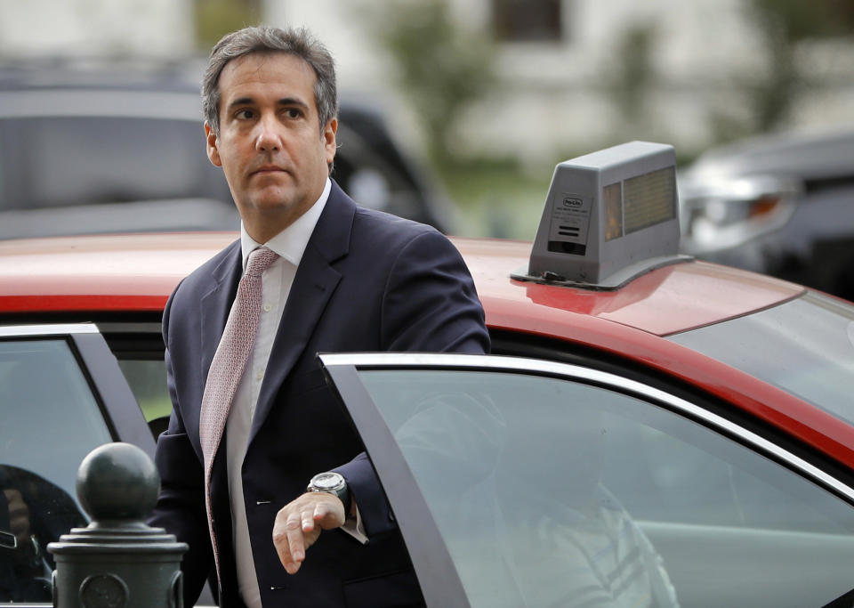 FILE - In this Sept. 19, 2017, file photo, Michael Cohen, President Donald Trump's personal attorney, steps out of a cab during his arrival on Capitol Hill in Washington. (AP Photo/Pablo Martinez Monsivais, File)