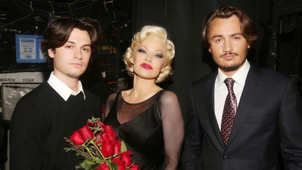 Pamela Anderson with sons Dylan and Brandon on opening night of her Chicago debut (Getty)