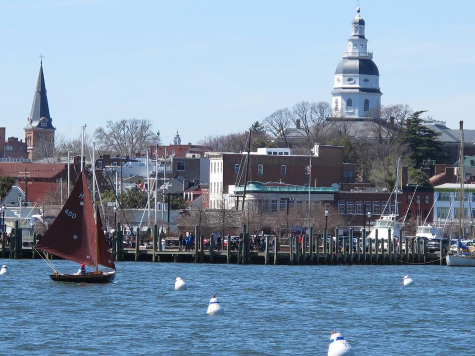 This April 6, 2014 photo shows the Maryland State House towering over downtown Annapolis, Md. It is known for a number of historic events, including the resignation of General George Washington’s commission as commander-in-chief of the Continental Army. It also was the nation’s capital for nine months in in 1783 and 1784. (AP Photo/Brian Witte)