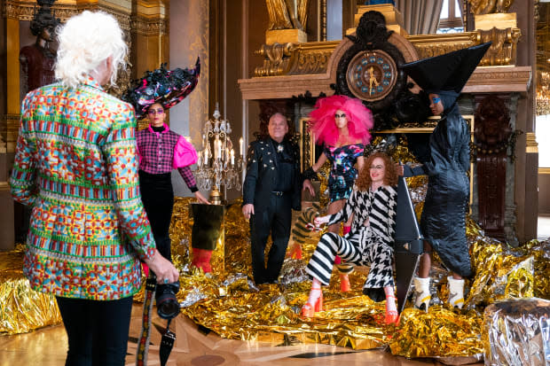 Ellen von Unwerth (left) shoots the Pierre Cadault (Jean-Christophe Bouvet, center) collection that's actually designed by Victor Weinsanto.<p>Photo: Carole Bethuel/Courtesy of Netflix</p>