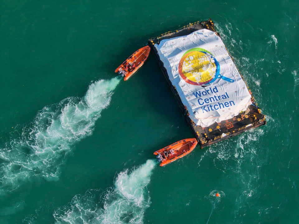 Humanitarian aid transported from a ship from the WCK arrives in the Gaza Strip’s maritime space in March (AP)