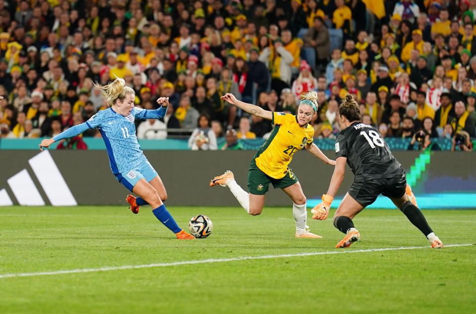 England's Lauren Hemp scores their side's second goal of the game during the FIFA Women's World Cup semi-final match at Stadium Australia, Sydney. Picture date: Wednesday August 16, 2023.