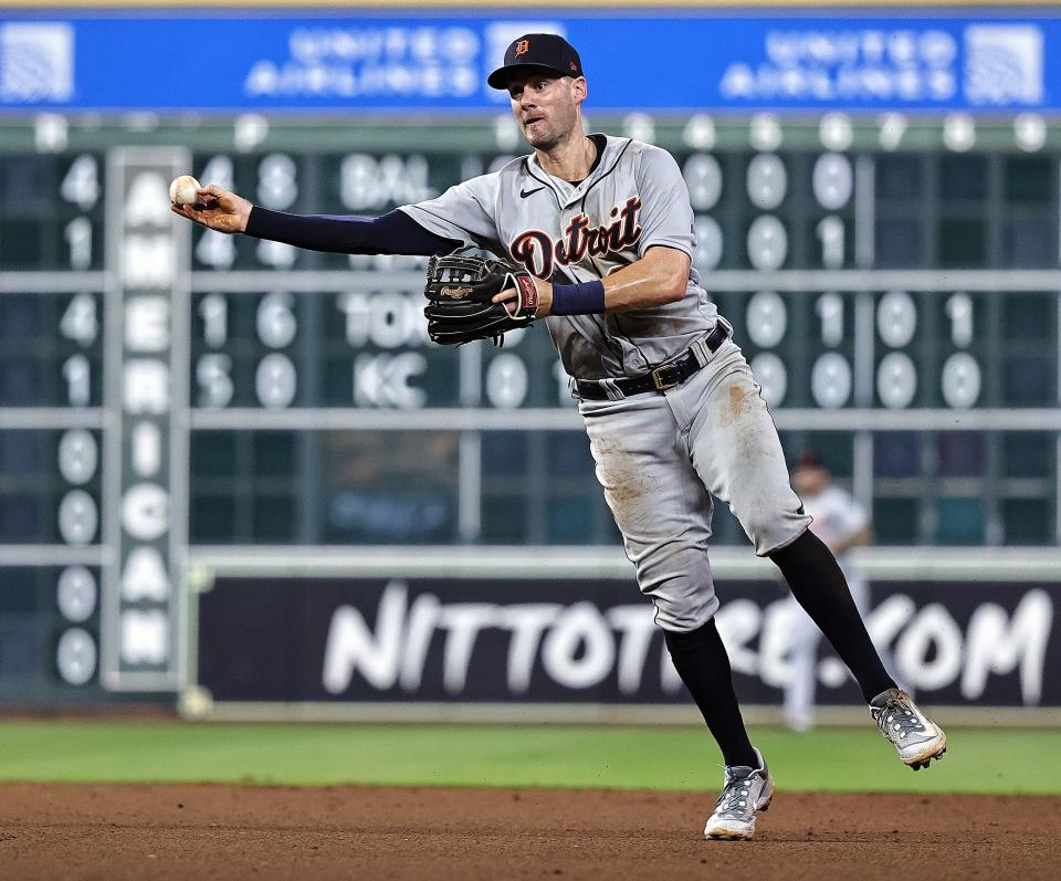 Tigers second baseman Ryan Kreidler throws out Astros shortstop Jeremy Pena in the seventh inning of the Tigers' 6-3 win on Tuesday, April 4, 2023, in Houston.