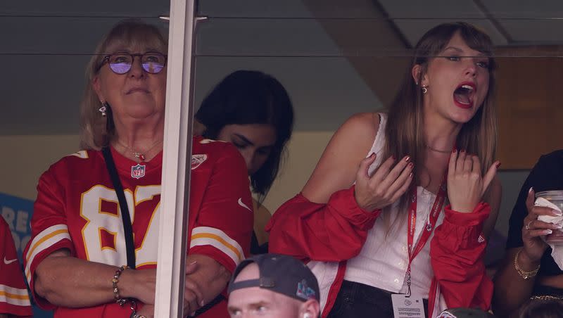 Taylor Swift, right, watches from a suite alongside Travis Kelce’s mother, Donna Kelce, inside Arrowhead Stadium during the first half of an NFL football game between the Chicago Bears and Kansas City Chiefs Sunday, Sept. 24, 2023, in Kansas City, Mo. 