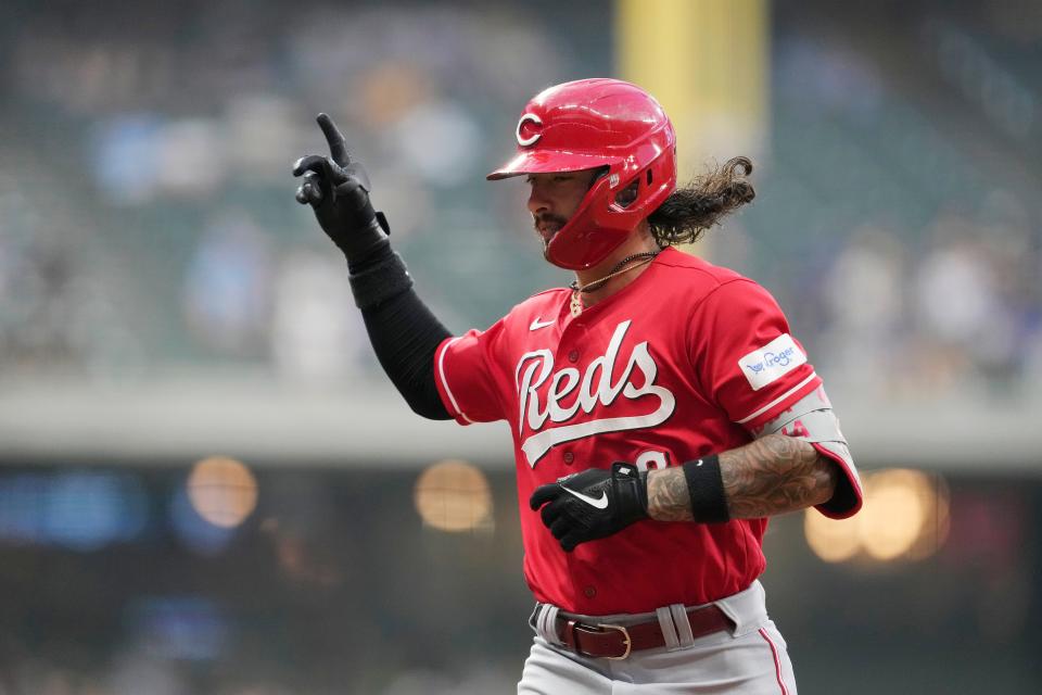 Jonathan India of the Cincinnati Reds celebrates after hitting an RBI single against the Milwaukee Brewers in the fourth inning at American Family Field on July 25, 2023.