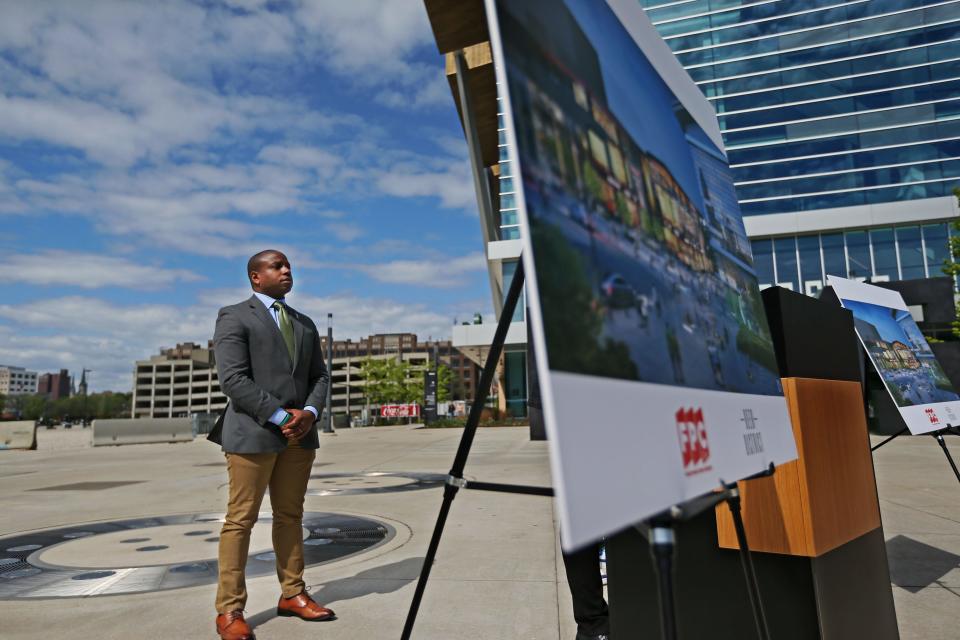Milwaukee Mayor Cavalier Johnson waits to speak at press conference May 23, at Fiserv Forum where FPC Live announced a proposed plan to develop a new concert venue at the vacant lot where the Bradley Center was demolished in 2019.